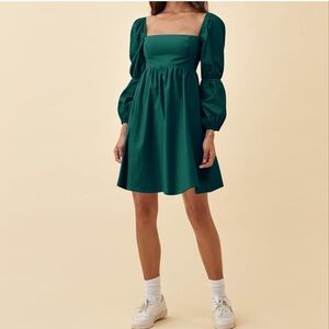 Square Neck Green Puff Sleeve A Line Dress